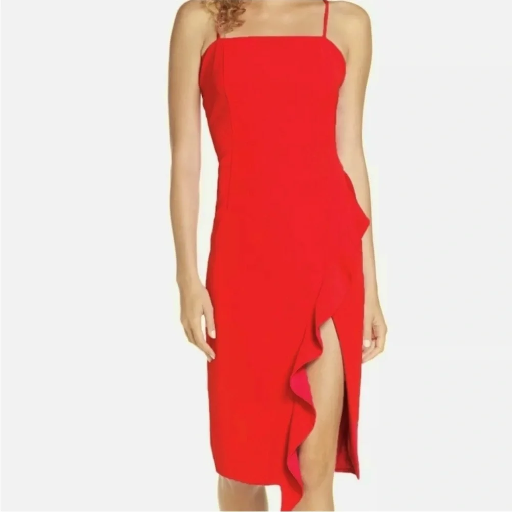 ☑️ Bardot Carmelle Cocktail Dress Ruffle Slit Fitted size 10/L - Picture 1 of 12
